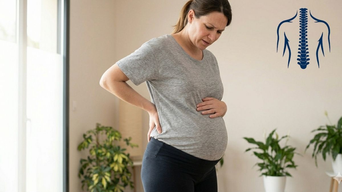 Femme enceinte en tenue confortable, de profil, avec une main fermement pressed contre son bas du dos et une expression de douleur, illustrant le symptôme des douleurs ligamentaires pendant la grossesse.