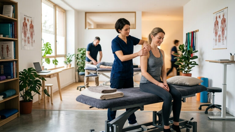 Une praticienne en thérapie manuelle examine l'épaule d'une patiente assise sur une table de massage dans un cabinet médical lumineux et moderne.