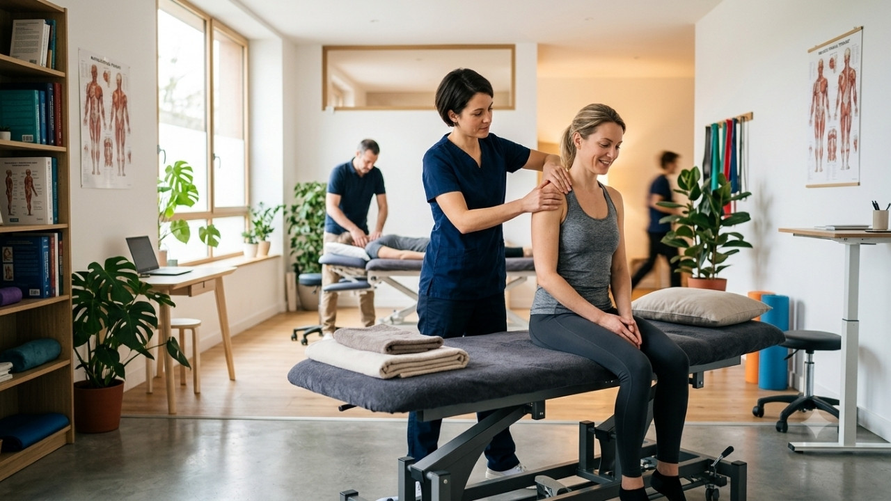 Une praticienne en thérapie manuelle examine l'épaule d'une patiente assise sur une table de massage dans un cabinet médical lumineux et moderne.