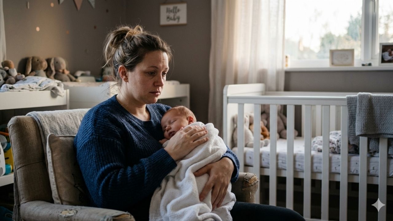 Une mère assise dans une chambre d'enfant, tenant son nouveau-né endormi dans ses bras avec une expression de tristesse et de fatigue, illustrant le baby blues.