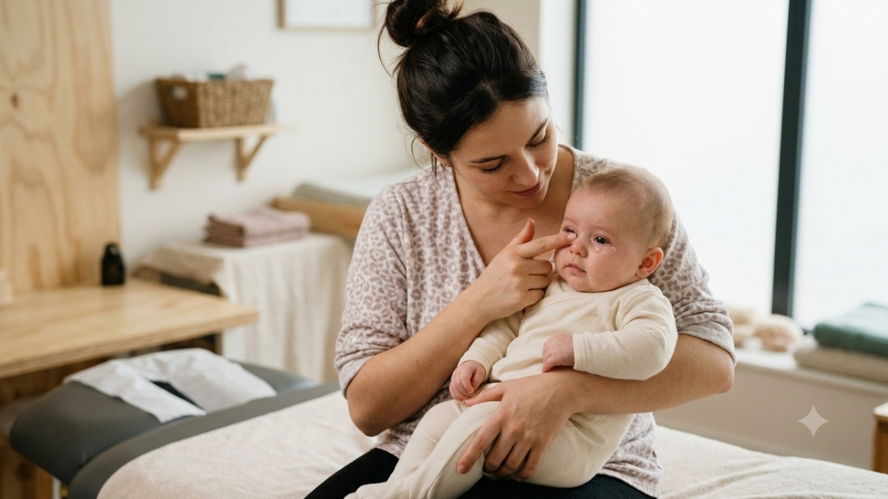 Une praticienne ou une mère masse doucement le coin interne de l'œil d'un nourrisson présentant un larmoiement, assise dans un cabinet d'ostéopathie lumineux et chaleureux.