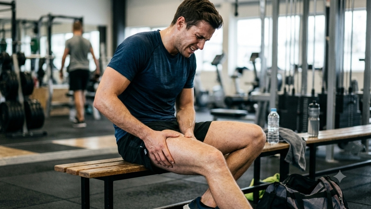 Photographie réaliste d'un homme assis sur un banc de vestiaire de salle de sport, grimaçant de douleur tout en massant sa cuisse fatiguée après une séance de sport intense.