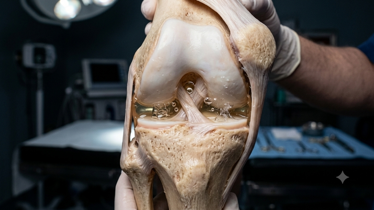Vue macro réaliste et détaillée d'un modèle anatomique d'articulation du genou, montrant du liquide synovial translucide avec de petites bulles d'air qui se forment entre le fémur et le tibia, dans un environnement médical sombre.