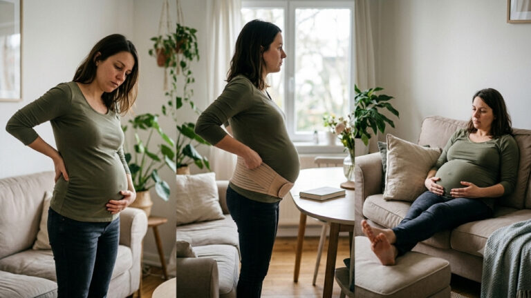 Un triptyque photo réaliste de la même femme à trois stades différents de sa grossesse, debout ou assise dans un salon lumineux, illustrant les changements posturaux et les douleurs dorsales : se tenant le bas du dos au premier trimestre, ajustant une ceinture de soutien lombaire au deuxième, et se reposant fatiguée au troisième.