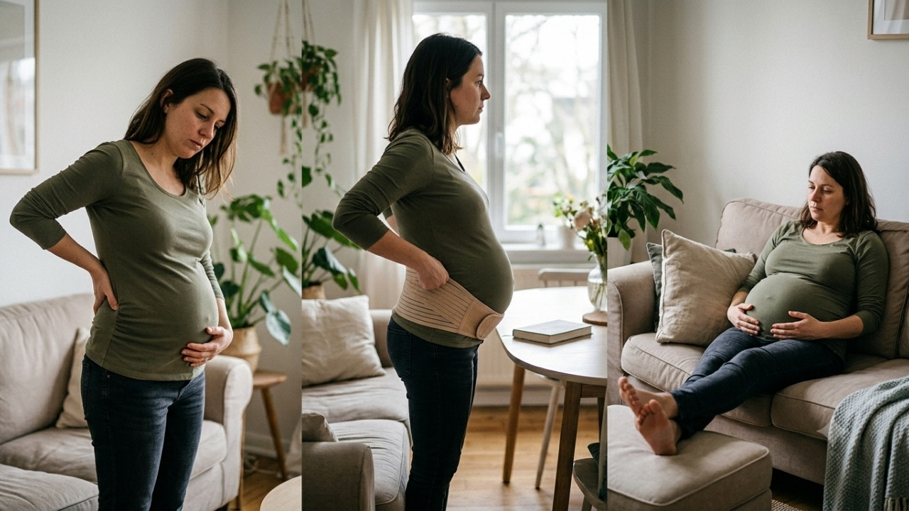 Un triptyque photo réaliste de la même femme à trois stades différents de sa grossesse, debout ou assise dans un salon lumineux, illustrant les changements posturaux et les douleurs dorsales : se tenant le bas du dos au premier trimestre, ajustant une ceinture de soutien lombaire au deuxième, et se reposant fatiguée au troisième.