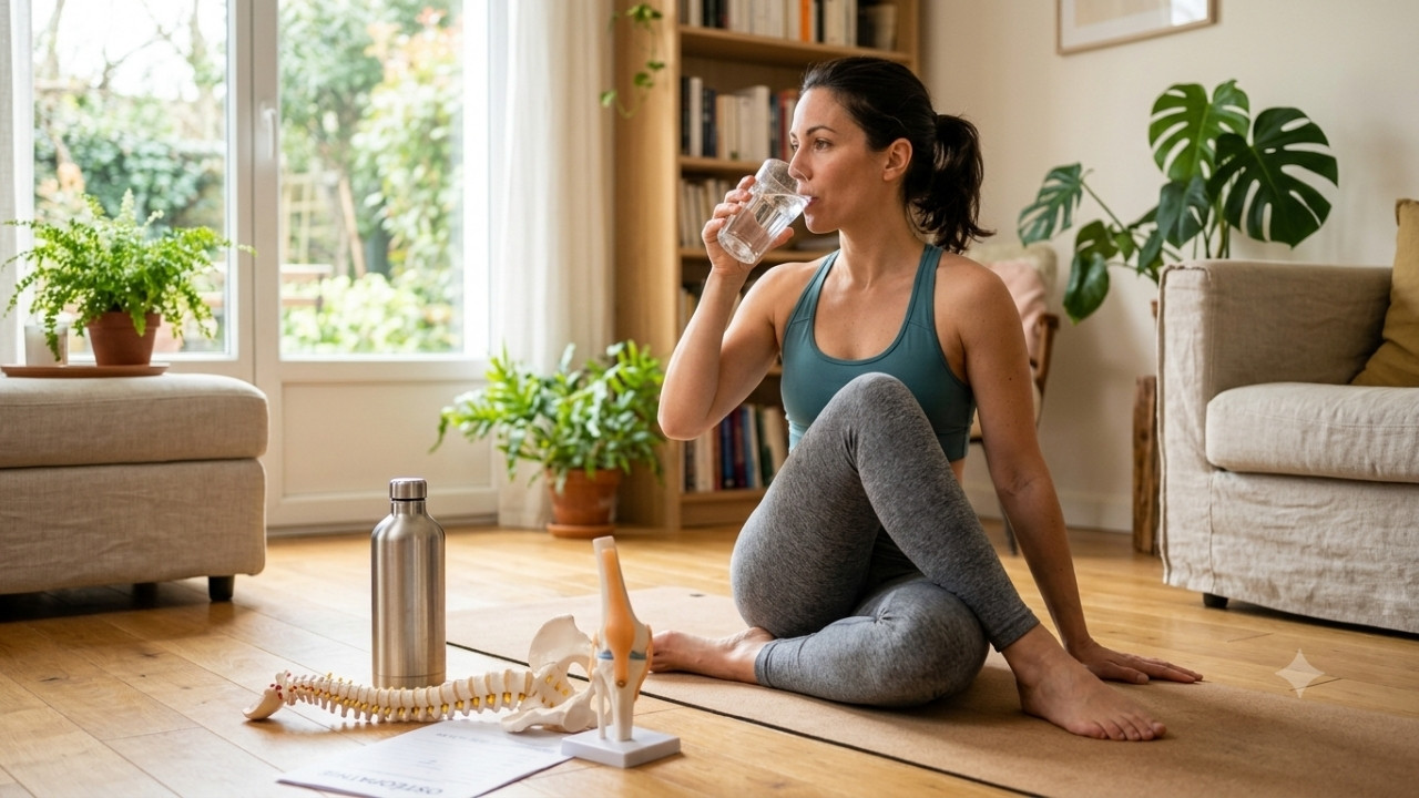 Une photo réaliste et lumineuse montrant, en premier plan, une main tenant un verre d'eau frais et une bouteille réutilisable sur une surface en bois. En arrière-plan, légèrement flouté, un homme dans la quarantaine, en tenue de sport décontractée, effectue un étirement doux du dos en rotation debout dans un salon spacieux et baigné de lumière naturelle. L'ambiance évoque le bien-être et la vitalité.