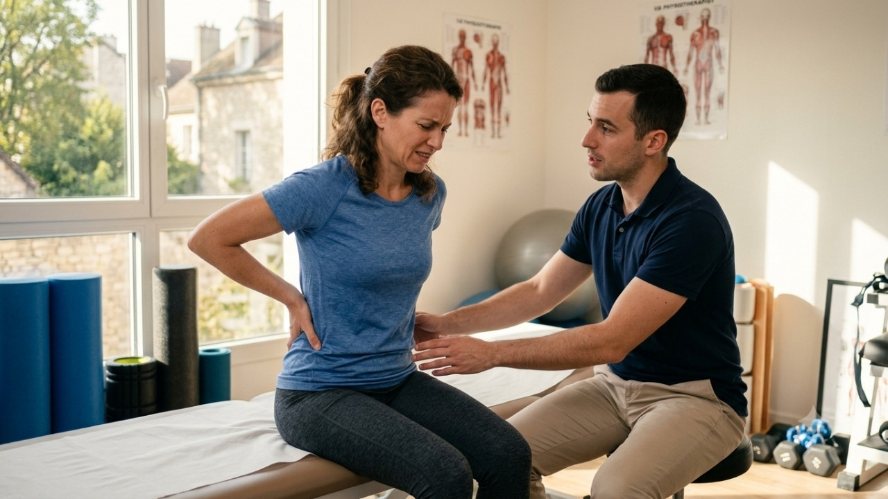 Une femme assise sur une table d'examen chez un kinésithérapeute exprime de la douleur en se tenant le bas du dos, tandis que le professionnel l'observe et s'apprête à l'examiner.