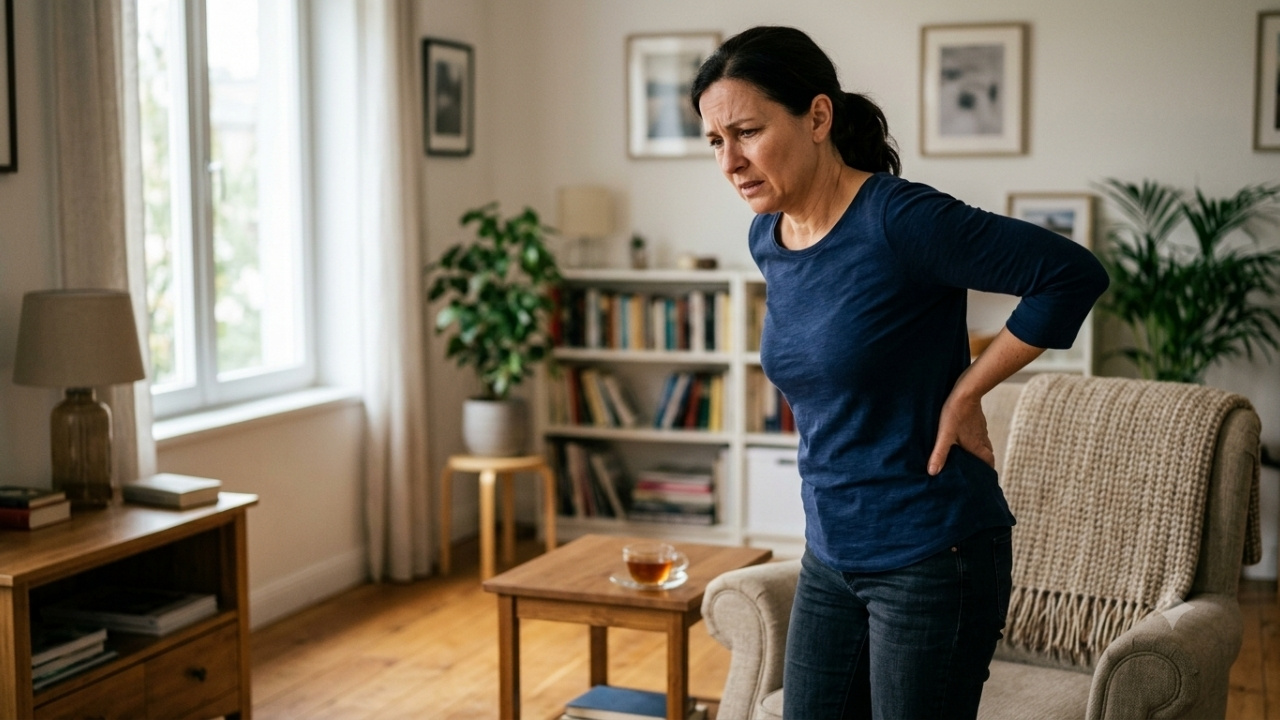 Une femme debout dans son salon, grimaçant de douleur et tenant son bas du dos avec sa main.