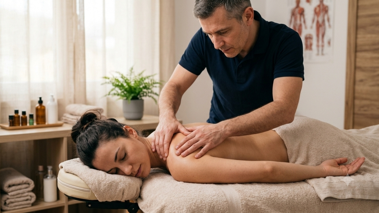 Photographie réaliste en format 16:9 montrant un masseur-ostéopathe appliquant une pression manuelle ciblée sur le muscle du trapèze supérieur droit d'une patiente allongée, dans un cabinet de soin aux tons doux.