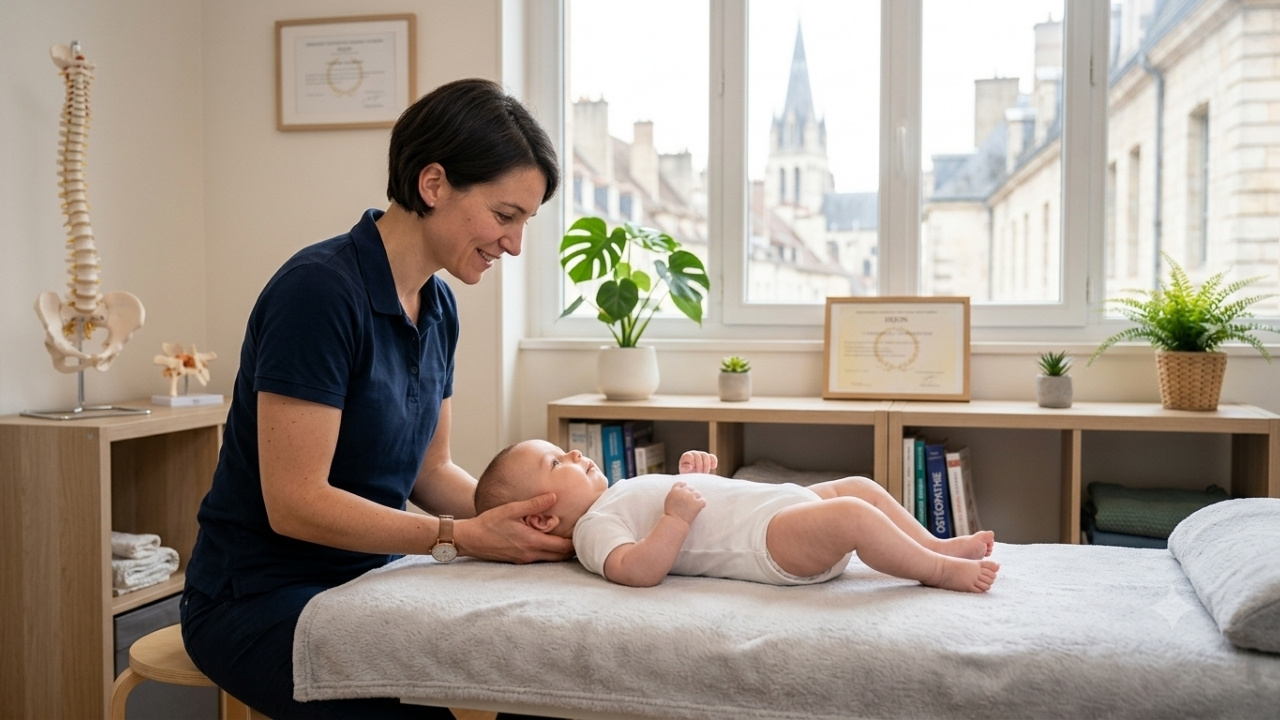 Une photographe réaliste d'une séance d'ostéopathie pédiatrique à Dijon. Une ostéopathe manipule doucement la tête d'un nourrisson allongé, pour le traitement ou la prévention de la plagiocéphalie.