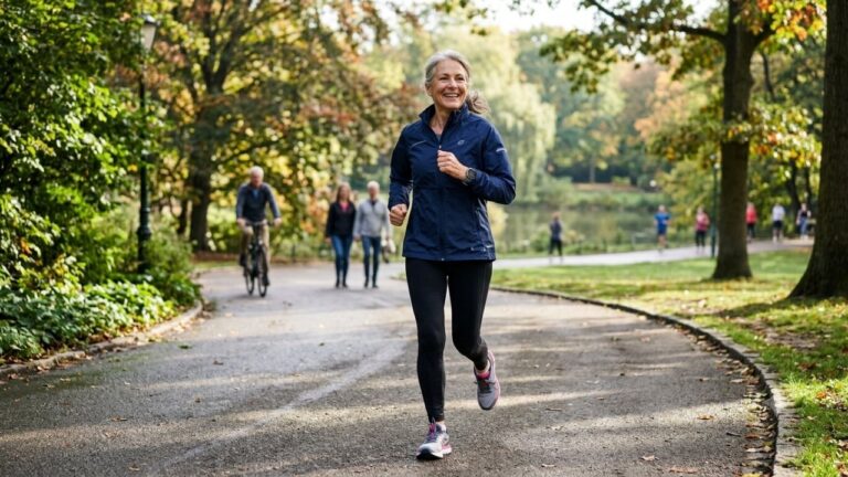 Une femme senior souriante et dynamique court sur un chemin de parc arboré, illustrant les bienfaits du sport sur la santé et l'autonomie.