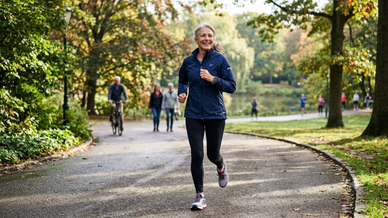 Une femme senior souriante et dynamique court sur un chemin de parc arboré, illustrant les bienfaits du sport sur la santé et l'autonomie.