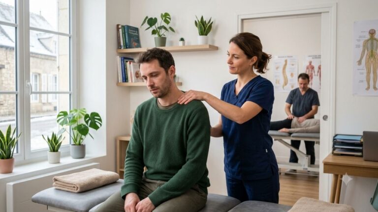 Une ostéopathe en blouse bleue effectue une manipulation douce sur les épaules et la nuque d'un patient assis, qui semble fatigué. La scène se déroule dans un cabinet médical lumineux à Dijon, avec vue sur une rue enneigée par la fenêtre.