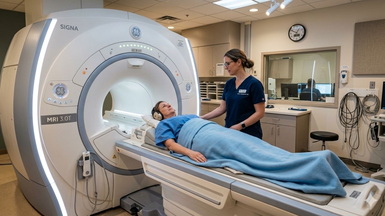 Vue d'ensemble d'une patiente allongée sur la table d'un scanner IRM moderne dans un hôpital, assistée par une manipulatrice en radiologie en blouse bleue.