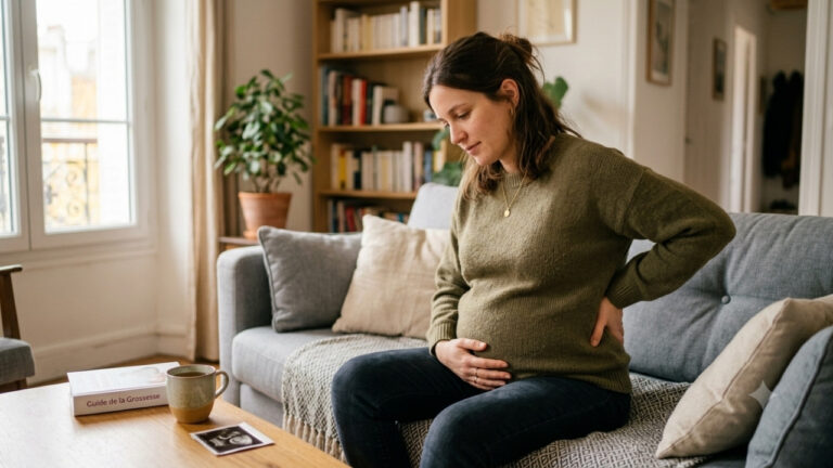 Une femme enceinte assise sur un canapé dans son salon, posant une main sur son ventre et l'autre sur le bas de son dos avec une expression de gêne ou de douleur légère.