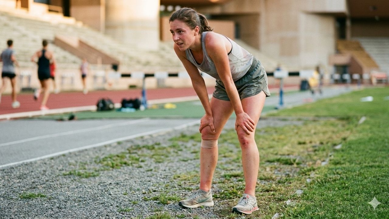 Photographie d'une coureuse épuisée penchée en avant, mains sur les genoux, avec un bandage sur le genou gauche, sur une piste d'athlétisme avec d'autres coureurs en arrière-plan.