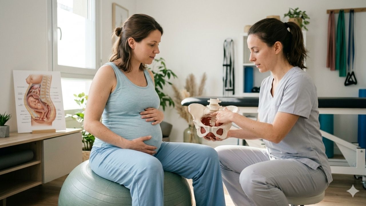 Photographie réaliste d'une femme enceinte assise sur un ballon d'exercice dans un studio de kinésithérapie, écoutant attentivement une kinésithérapeute lui expliquer l'anatomie du périnée à l'aide d'un modèle anatomique du bassin féminin. La kinésithérapeute tient le modèle tandis que la femme enceinte a les mains posées sur son ventre.