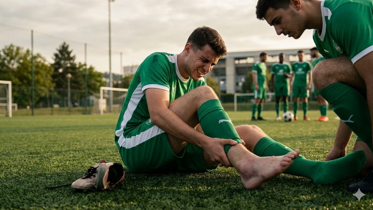 Une photographie réaliste prise au niveau du sol d'un jeune footballeur allongé sur une pelouse synthétique à Saint-Étienne, grimaçant de douleur et se tenant la cheville droite visiblement foulée et enflée. Son entraîneur s'accroupit à côté de lui, l'air inquiet, tandis que d'autres coéquipiers flous regardent en arrière-plan.
