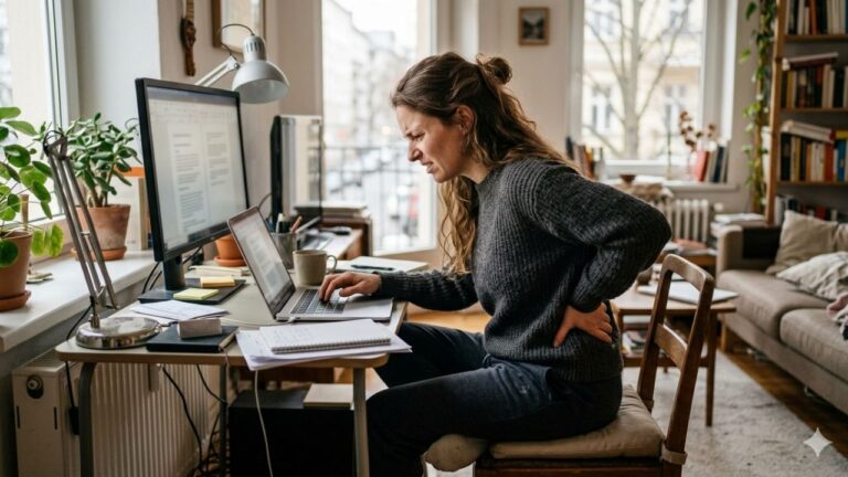 Une femme en télétravail à son domicile grimace de douleur et se tient le bas du dos tout en travaillant sur son ordinateur portable. Elle est mal assise sur une chaise en bois dans un salon lumineux rempli de plantes.