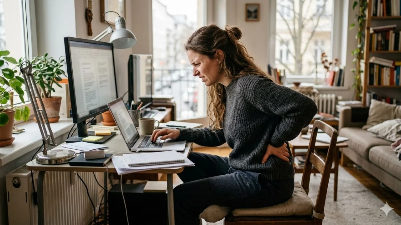 Une femme en télétravail à son domicile grimace de douleur et se tient le bas du dos tout en travaillant sur son ordinateur portable. Elle est mal assise sur une chaise en bois dans un salon lumineux rempli de plantes.