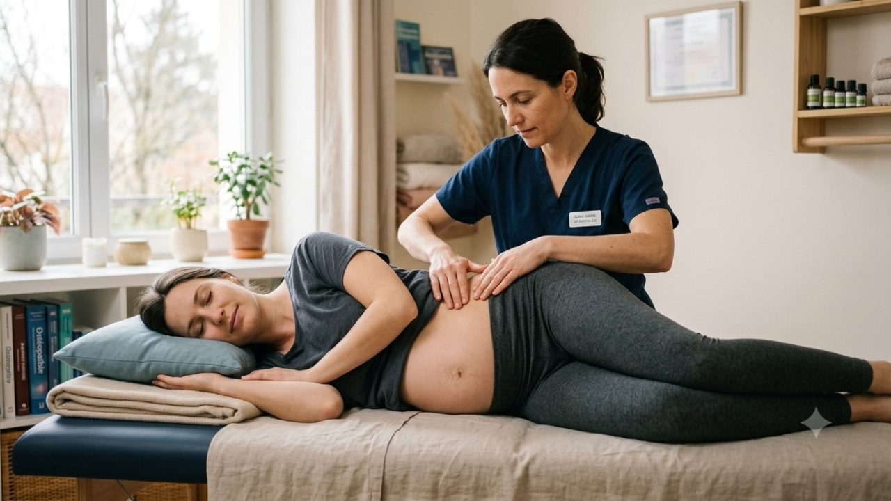 Une ostéopathe en blouse médicale manipule délicatement le bassin d'une femme enceinte allongée sur le côté sur une table de consultation dans un cabinet lumineux.