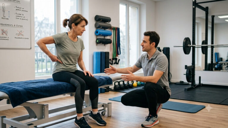 Une femme assise sur une table de kinésithérapie, se tenant le bas du dos avec une expression de gêne, écoute attentivement les explications et les gestes d'un entraîneur ou d'un thérapeute accroupi face à elle. L'action se déroule dans une salle de gym lumineuse. Le texte "Sport et mal de dos : ce qui protège vraiment, ce qui aggrave" est affiché en haut à droite.