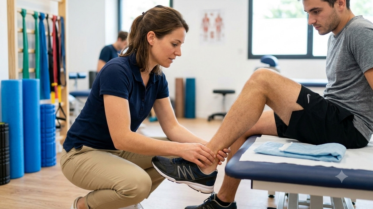 Une physiothérapeute examine avec soin la cheville droite d'un homme assis sur une table d'examen dans une clinique de rééducation lumineuse, illustrant les premiers soins pour une entorse.