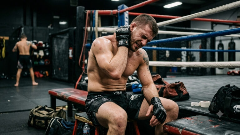 Un combattant de MMA assis au bord d'un ring dans une salle d'entraînement, exprimant de la douleur en se tenant la nuque et la tête avec sa main gantée après un impact.