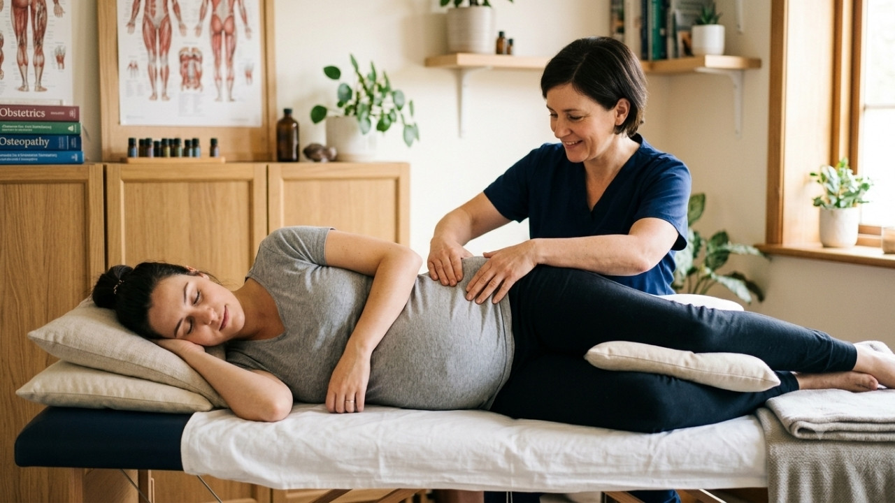 Photographie réaliste et lumineuse d'une femme enceinte d'environ 6 mois, portant un haut en coton gris et un pantalon noir, allongée confortablement sur le côté sur une table d'examen recouverte d'un drap blanc. Un ostéopathe, homme d'âge moyen en blouse bleue, est assis derrière elle et place doucement ses mains sur son bas du dos pour une manipulation. L'éclairage est naturel et doux, l'arrière-plan d'un cabinet d'ostéopathie est flou (bokeh).