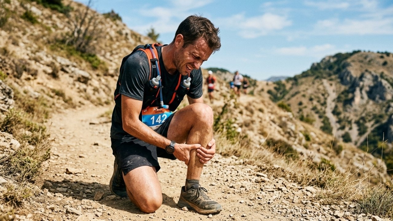 Un coureur de trail à genoux sur un sentier de montagne ensoleillé, grimaçant de douleur et tenant son mollet droit à deux mains à la suite d'une crampe musculaire.