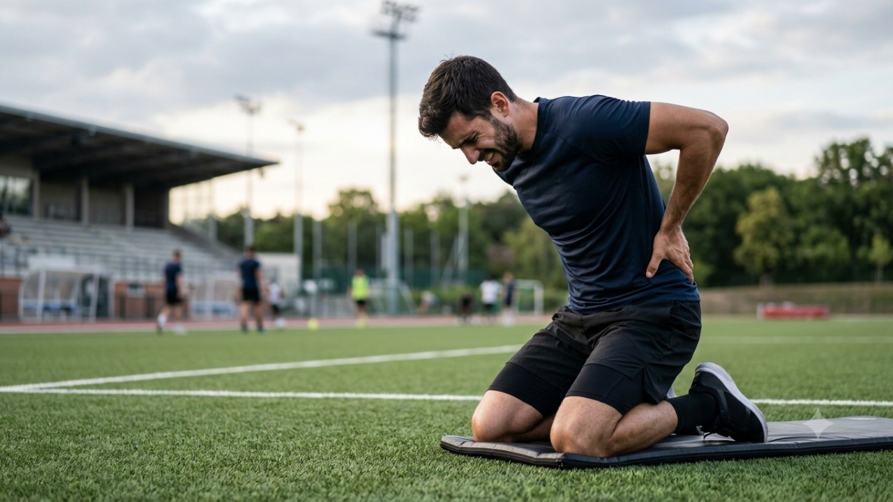 Image réaliste montrant un athlète masculin en tenue de sport (t-shirt technique bleu foncé et short noir), agenouillé sur un tapis d'entraînement dans une salle de sport, les mains pressées contre le bas de son dos (zone lombaire), avec une expression de douleur et d'inconfort.