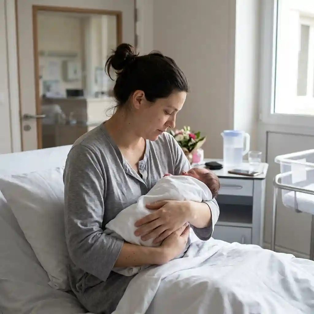 Une femme en post-partum, assise dans son lit d'hôpital, regarde tendrement le nouveau-né qu'elle tient dans ses bras. Elle porte un pyjama gris et ses poignets sont nus.