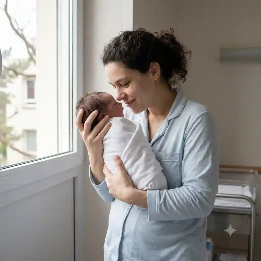 Une mère souriante debout près d'une fenêtre d'hôpital, berçant son nouveau-né emmailloté. Elle porte un pyjama bleu clair et n'a pas de bracelet au poignet.