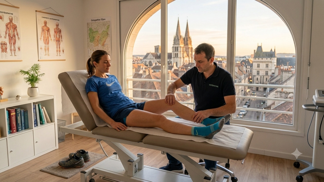 Une séance d'ostéopathie sportive à Dijon où un ostéopathe examine le genou d'une coureuse sur une table de massage, avec en arrière-plan une grande arche vitrée offrant une vue sur l'église Saint-Michel de Dijon.