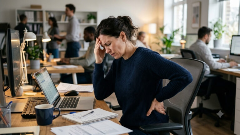 Une femme d'âge moyen, visiblement stressée et tenant son bas du dos d'une main, est assise à un bureau d'ordinateur encombré, la tête appuyée sur son autre main, dans un bureau d'entreprise moderne.