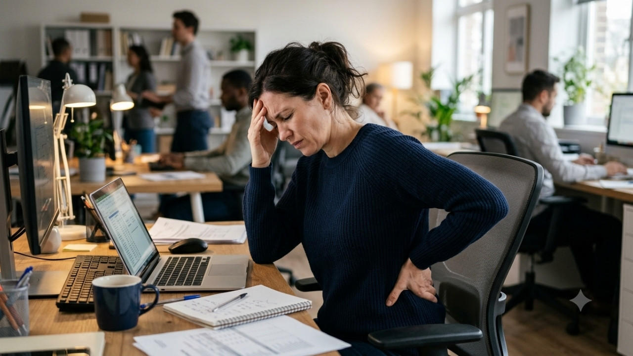 Une femme d'âge moyen, visiblement stressée et tenant son bas du dos d'une main, est assise à un bureau d'ordinateur encombré, la tête appuyée sur son autre main, dans un bureau d'entreprise moderne.
