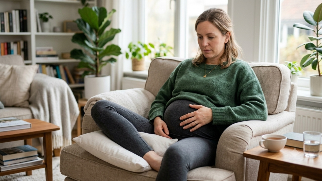 Une femme enceinte assise dans un fauteuil, une main sur son ventre et un coussin de soutien sous la jambe pour soulager les douleurs au bassin et à la symphyse pubienne.
