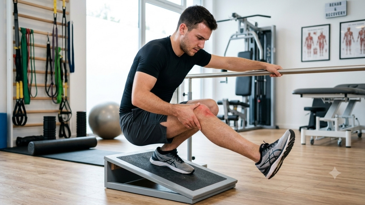 Un athlète masculin en tenue de sport noire fait un squat sur une seule jambe sur une planche inclinée dans une clinique de physiothérapie, tenant son genou qui présente une zone rouge de douleur, avec du matériel de rééducation en arrière-plan.