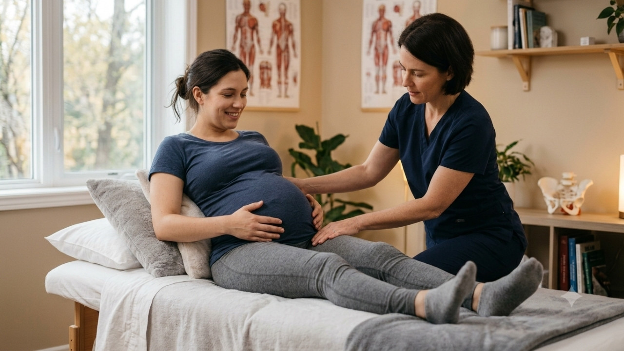 Gros plan réaliste lors d'une séance d'ostéopathie au troisième trimestre de grossesse. Une femme enceinte est allongée confortablement sur le côté, tandis qu'un ostéopathe aux mains soignantes mobilise délicatement son bassin pour préparer l'accouchement.